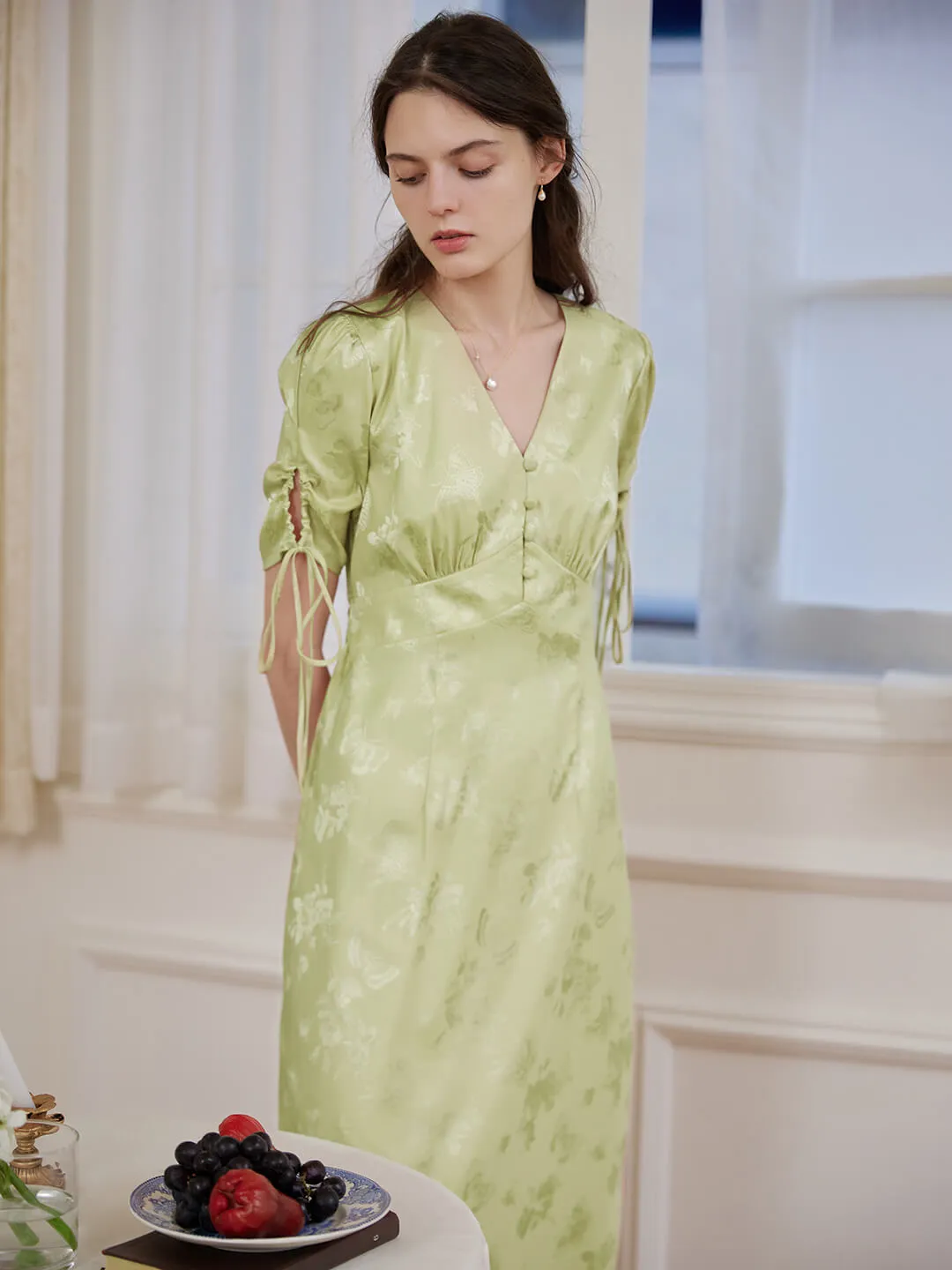 【Final Sale】Kora Retro Floral Jacquard Green Tea Length Dress