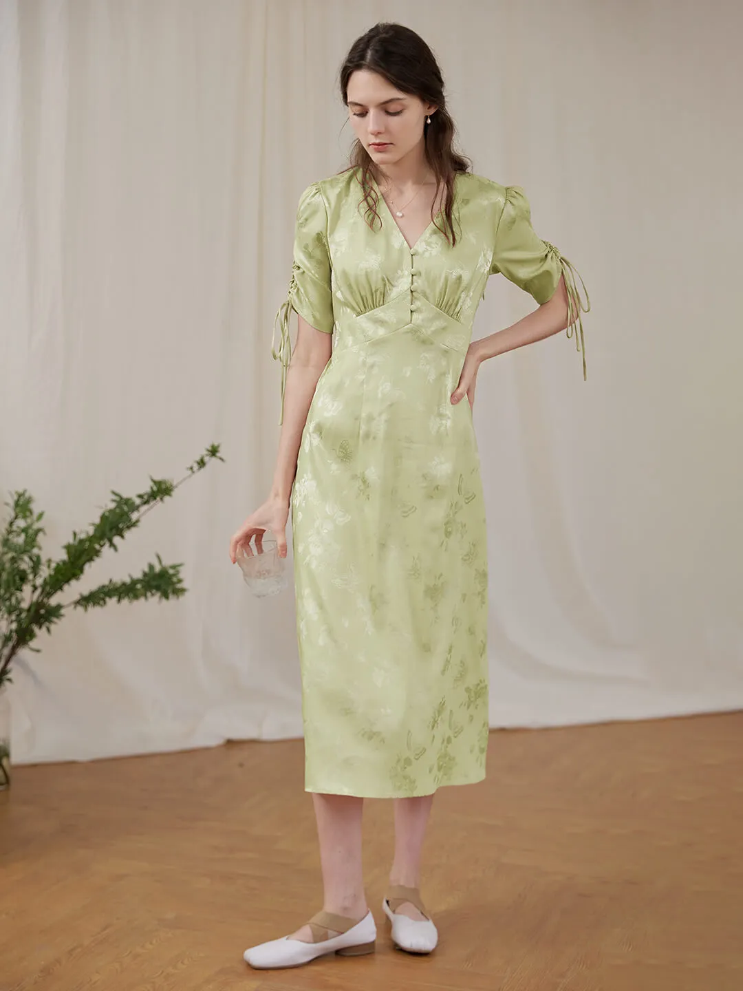 【Final Sale】Kora Retro Floral Jacquard Green Tea Length Dress