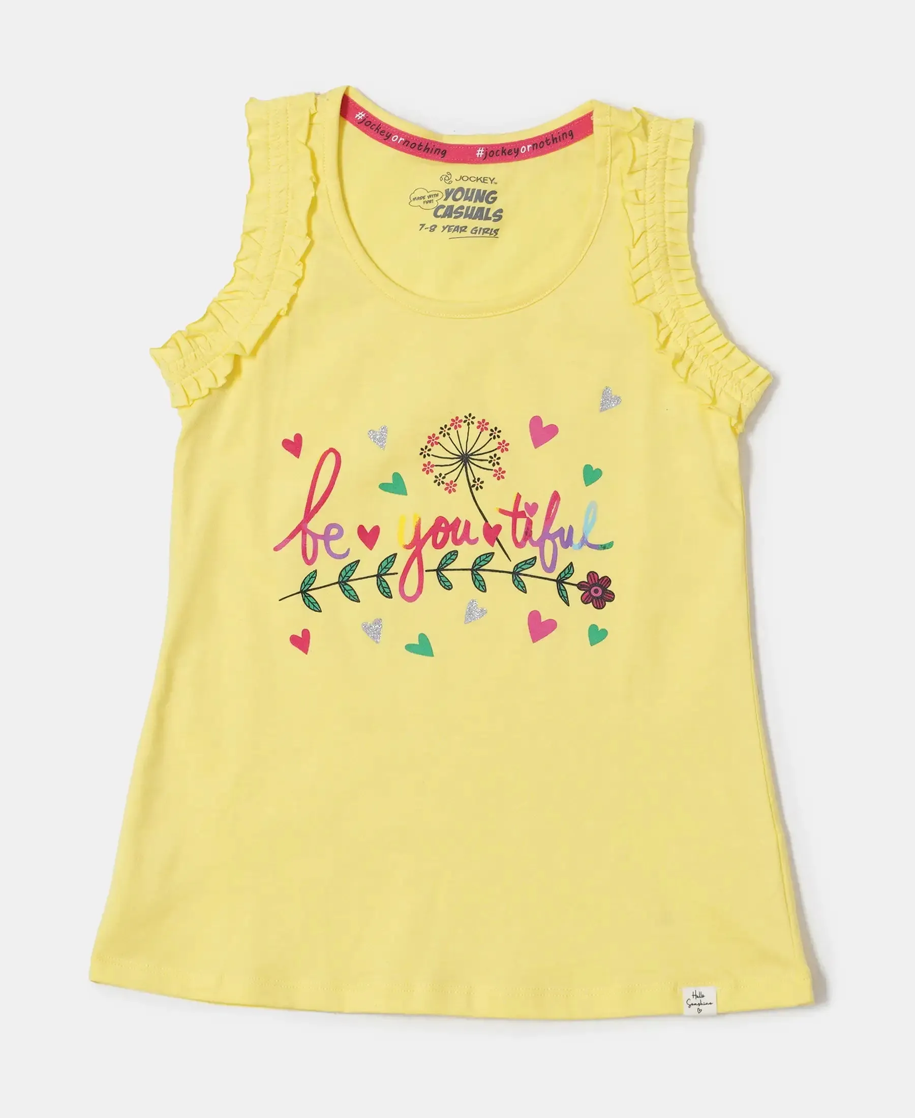 Girl's Super Combed Cotton Graphic Printed Tank Top - Yellow Cream