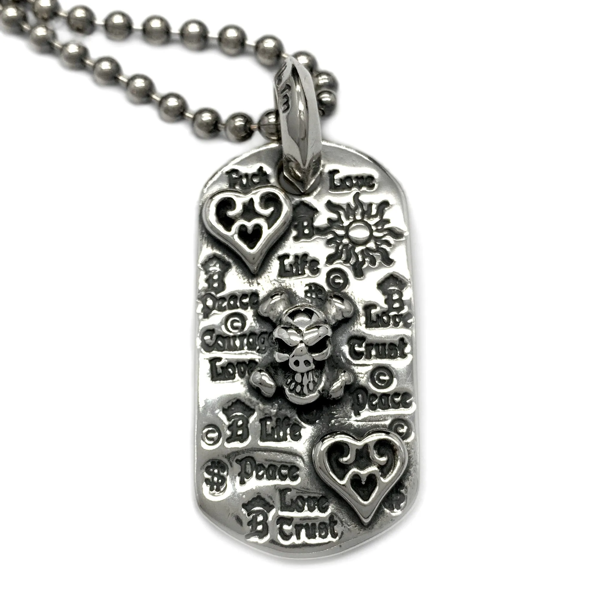 Graffiti Dog Tag with 2 Hearts, Skull, Crossbones and Ball Chain