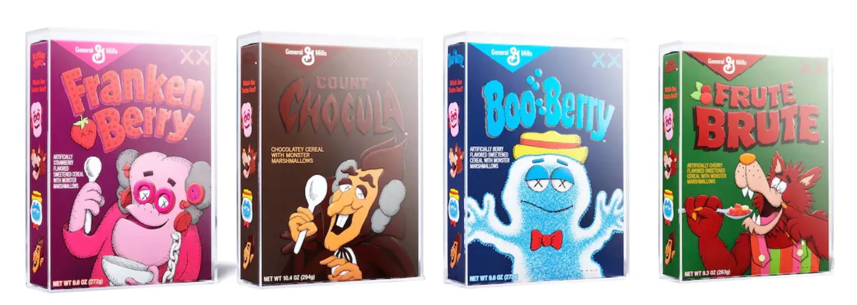 KAWS Monsters Franken Berry Count Chocula Boo Berry Frute Brute Cereal Limited Edition in Acrylic Case