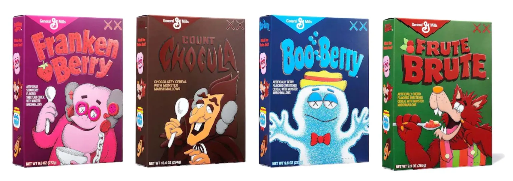 KAWS Monsters Franken Berry Count Chocula Boo Berry Frute Brute Cereal Limited Edition in Acrylic Case