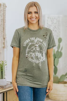 "Living the Good Life" Bronco Rider Graphic Laser Cut Top in Olive